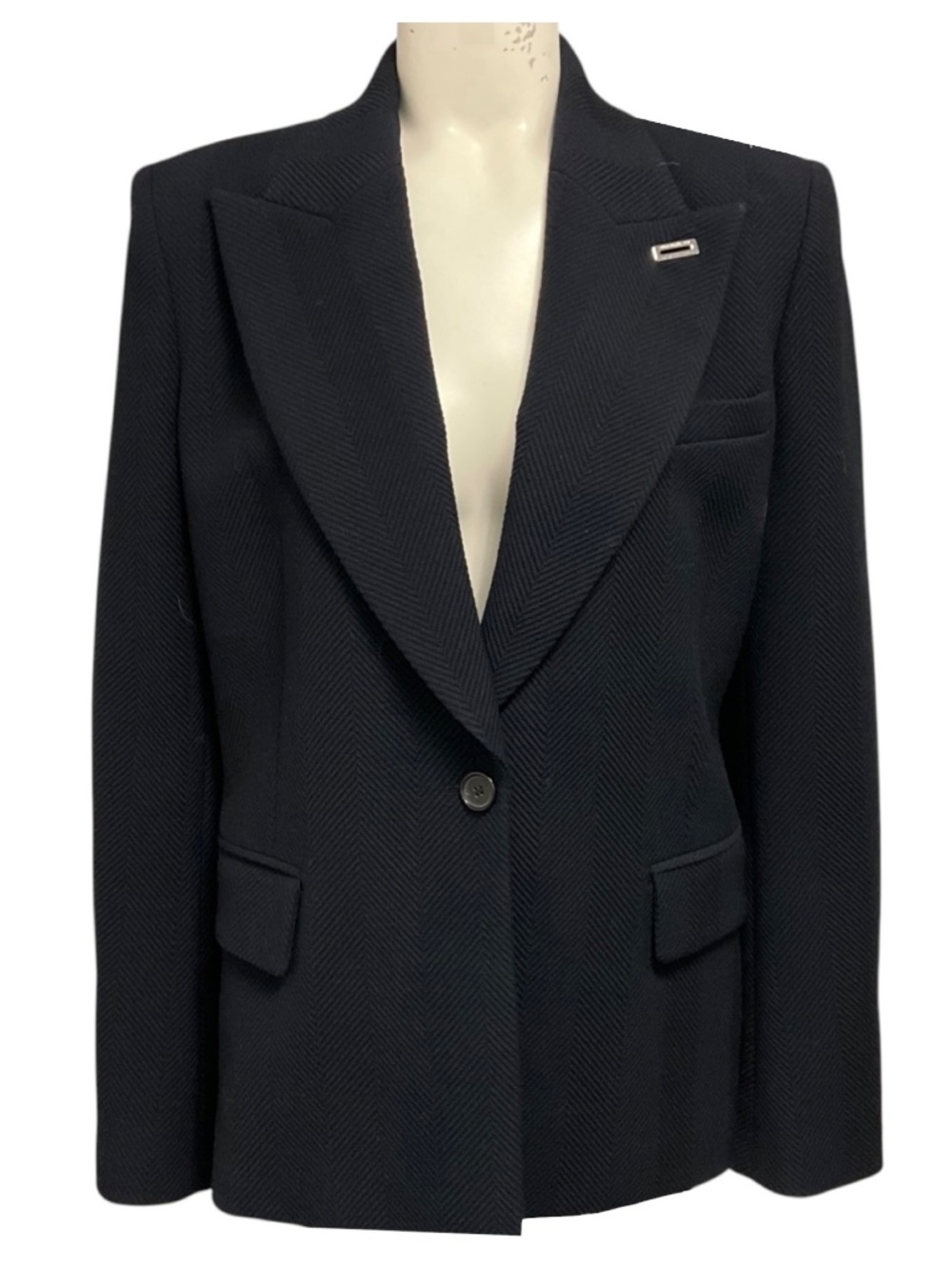 BARBARA BUI NAVY BLUE RIBBED ONE BUTTON WOOL BLAZER